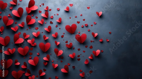 Romantic red paper hearts on grey background for valentine's day decoration and design
