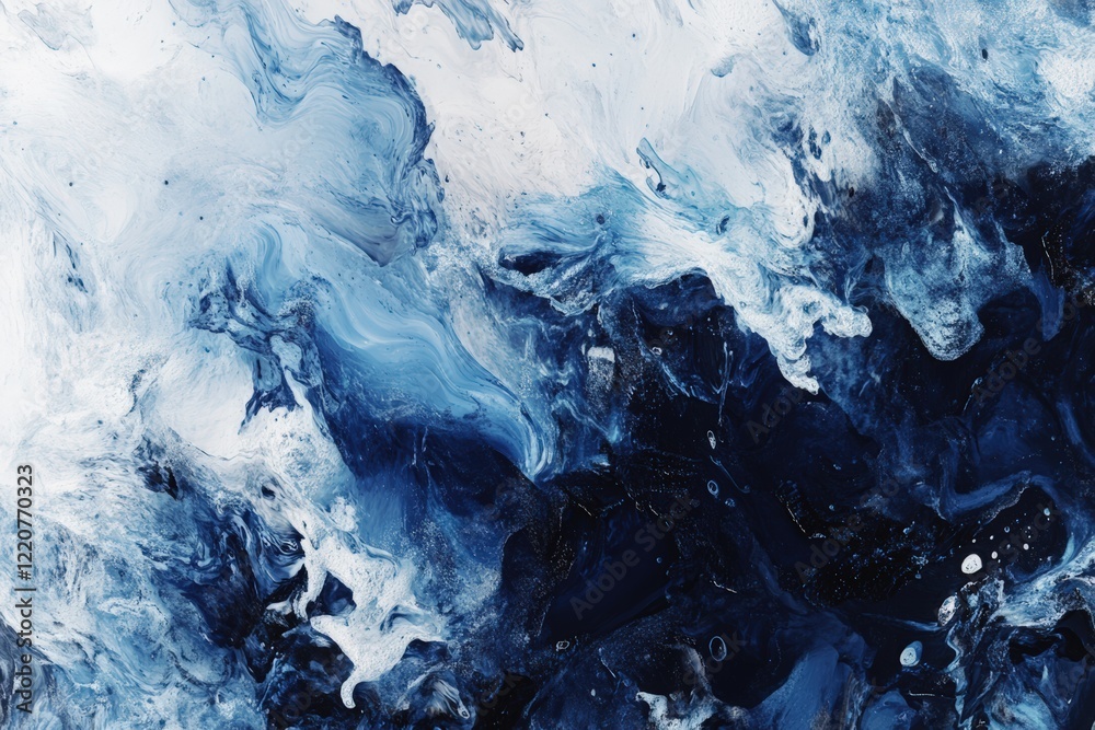 Abstract blue and white swirling paint texture in fluid art style