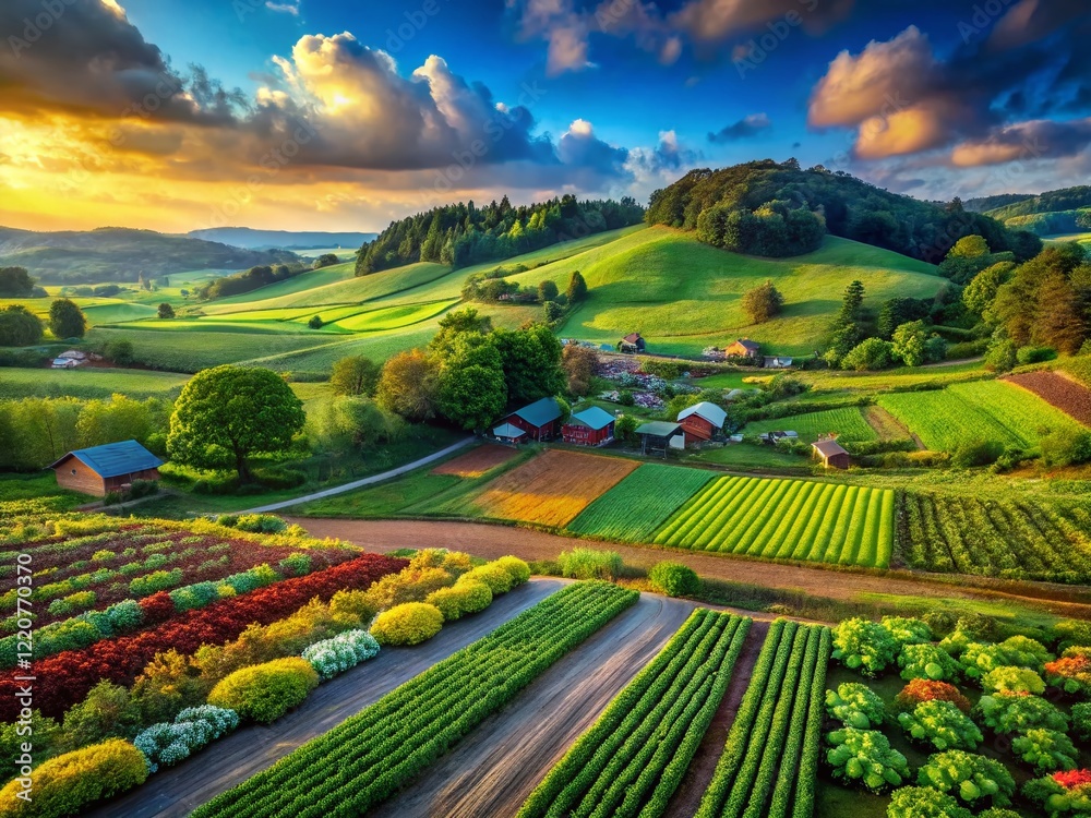 Fototapeta premium Idyllic Countryside: Layered Parallax Landscape with Vegetable Gardens and Pastures