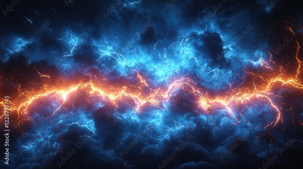 Stunning Electrical Lightning Discharge over Dramatic Cloudscape with Vibrant Blue and Orange Colors Capturing Nature's Power in Motion Stunning Electrical Lightning Discharge over Dramatic Cloudscape with Vibrant Blue and Orange Colors Capturing Nature's Power in Motion