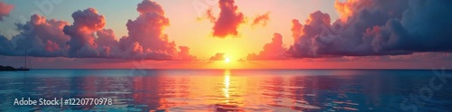 Vibrant sunset hues paint Maldivian sky, reflecting on tranquil ocean , horizon, red photo