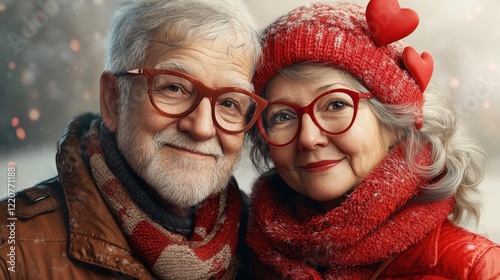 Joyful senior couple posing with heart accessories in winter attire for valentine's day photo