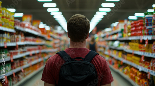 Shopper Browsing Aisles in a Colorful Market, Glancing at Products on Shelves photo