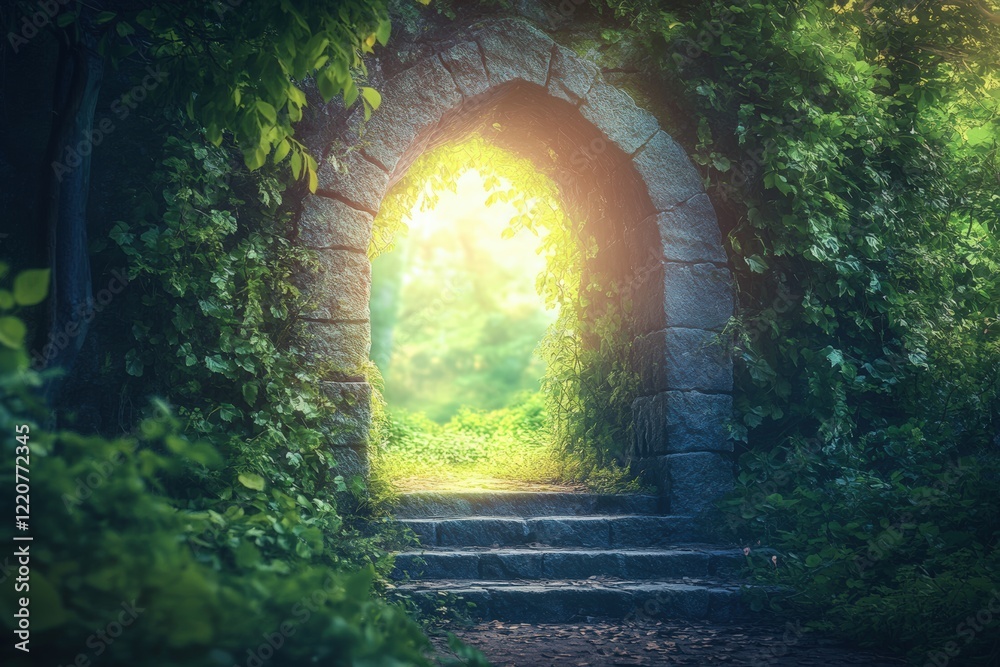 Obraz premium Enchanted forest portal with sunlit stone archway and lush greenery