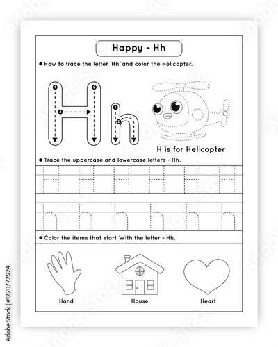 Black and white vector illustration of the alphabet letter H Upper case or capital letter for children learning practice ABC, Educational worksheet photo