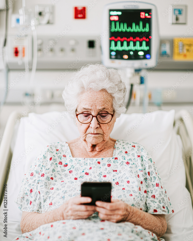 Smartphone connectivity elderly patient in tranquil hospital environment Smartphone connectivity elderly patient in tranquil hospital environment