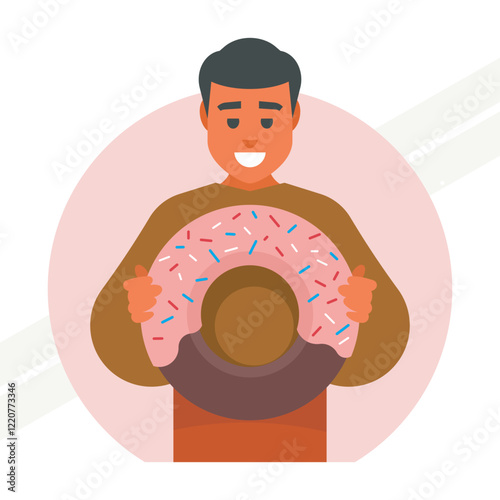 A man holding a glazed donut representing indulgence and treat