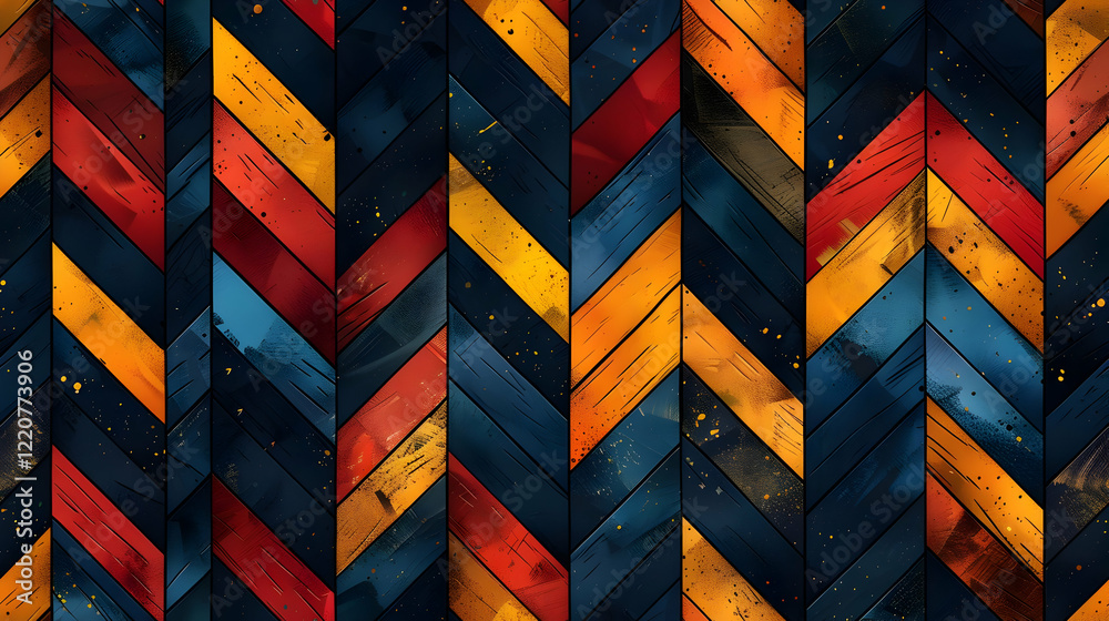 Fototapeta premium A colorful chevron pattern featuring vibrant hues of blue, orange, and red.