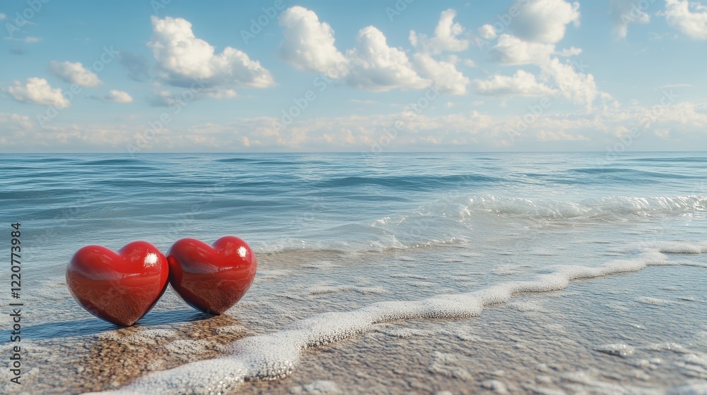 Romantic red hearts on serene sandy beach with surreal ocean horizon Romantic red hearts on serene sandy beach with surreal ocean horizon