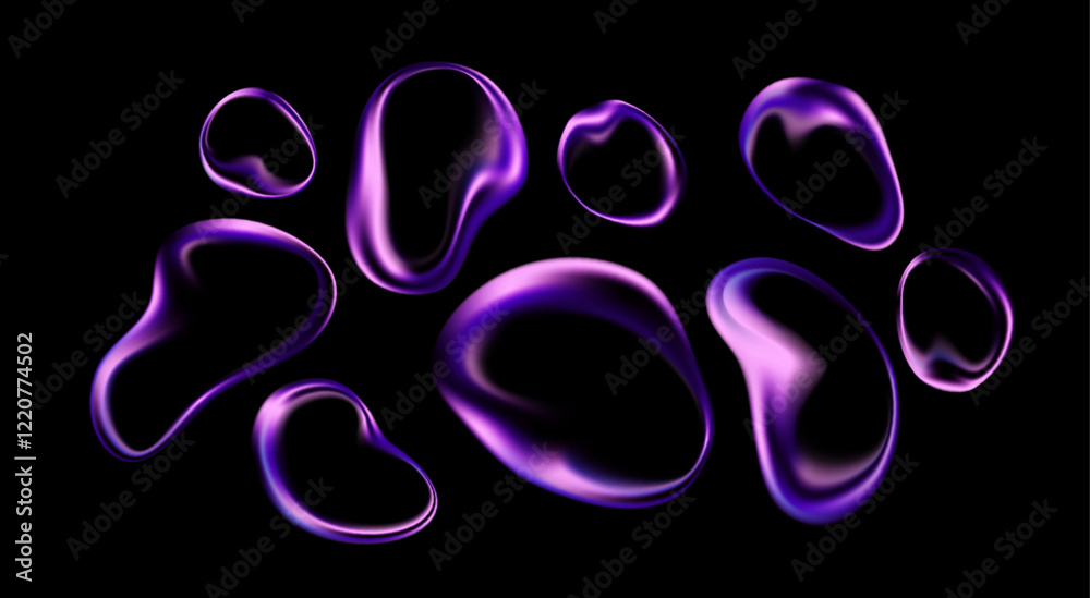 Abstract Purple Liquid Shapes on Black Background. Vivid abstract purple liquid shapes with a glowing appearance against a black background. Vector illustration