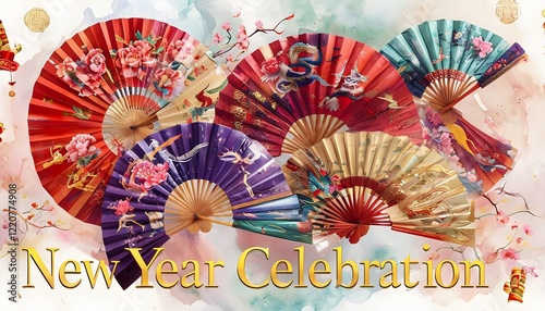 Elegant and Colorful Traditional Chinese Hand Fans for Chinese New Year photo