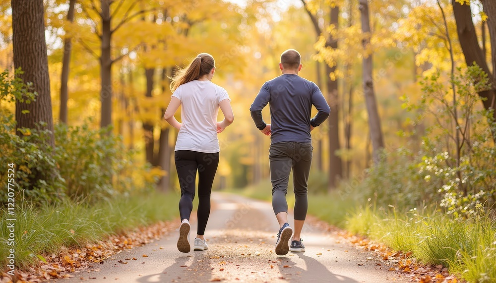 Obraz premium Active Individuals Jogging on Autumn Trail Surrounded by Trees