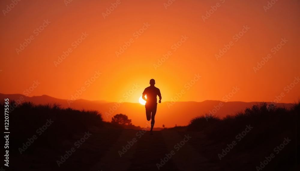 Silhouette of a Runner Jogging Against a Vibrant Sunset Background Silhouette of a Runner Jogging Against a Vibrant Sunset Background