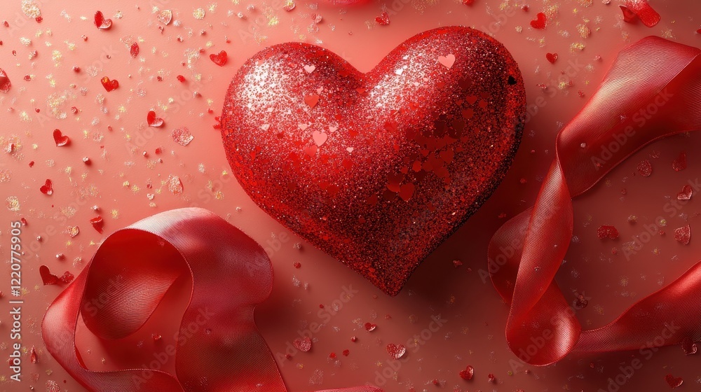 Valentine's day design concept with glittering red heart and ribbon on pink background Valentine's day design concept with glittering red heart and ribbon on pink background