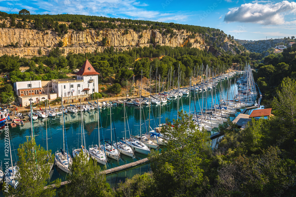 Calanques de Port Miou bay and moored boats, Cassis, France