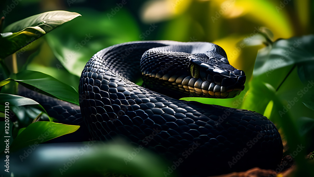 Obraz premium Close-up of a Black-headed Python in its natural habitat, showcasing the intricate patterns of its scales, surrounded by lush foliage and earthy textures, highlighting its unique environment.