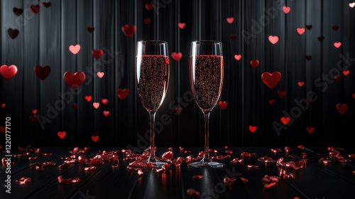 Romantic valentine's day celebration with champagne and red hearts atmosphere photo