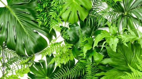 Lush Tropical Greenery with Monstera, Palm, and Fern Leaves – Vibrant Foliage Composition on Isolated Background