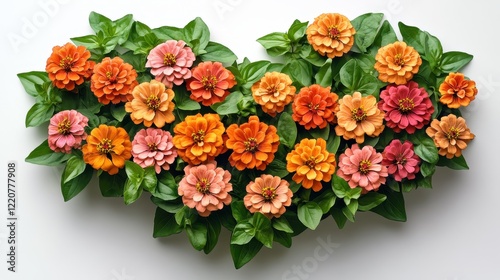 Heart shaped arrangement of vibrant common zinnia flowers photo