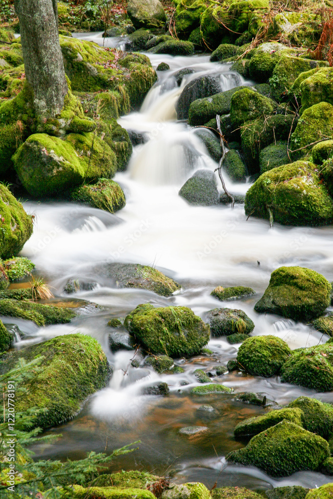 A waterfall in Triberg black forest with a misty spray. The water is white and the rocks are grey. The waterfall is surrounded by moss and rocks A waterfall in Triberg black forest with a misty spray. The water is white and the rocks are grey. The waterfall is surrounded by moss and rocks