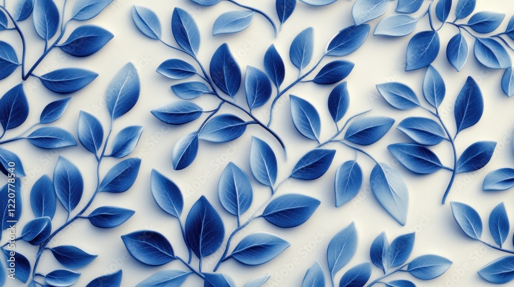 Fototapeta premium blue and white ceramic pattern with leaves