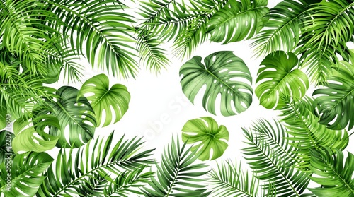 Lush Tropical Greenery with Monstera, Palm, and Fern Leaves – Vibrant Foliage Composition on Isolated Background