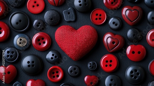 Valentine's day design with red heart and assorted buttons on black background