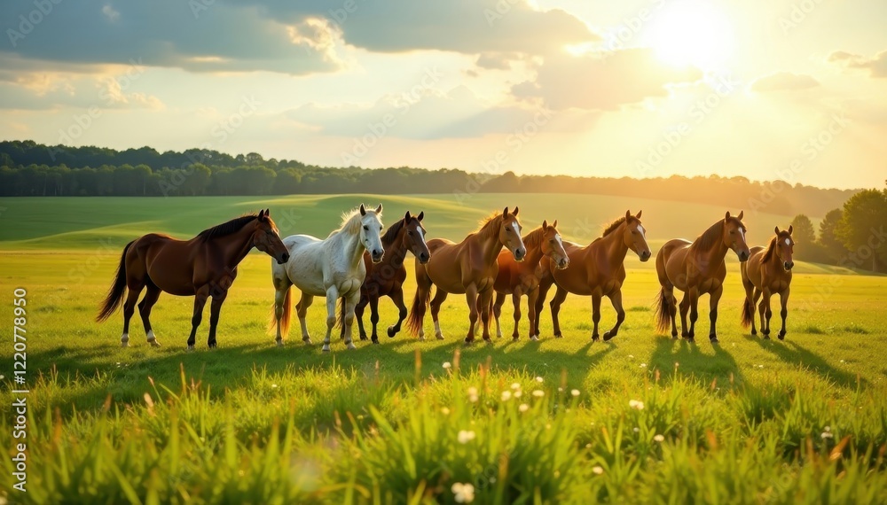 A herd of wild horses enjoys the afternoon sun in a lush green meadow , stock, environment A herd of wild horses enjoys the afternoon sun in a lush green meadow , stock, environment