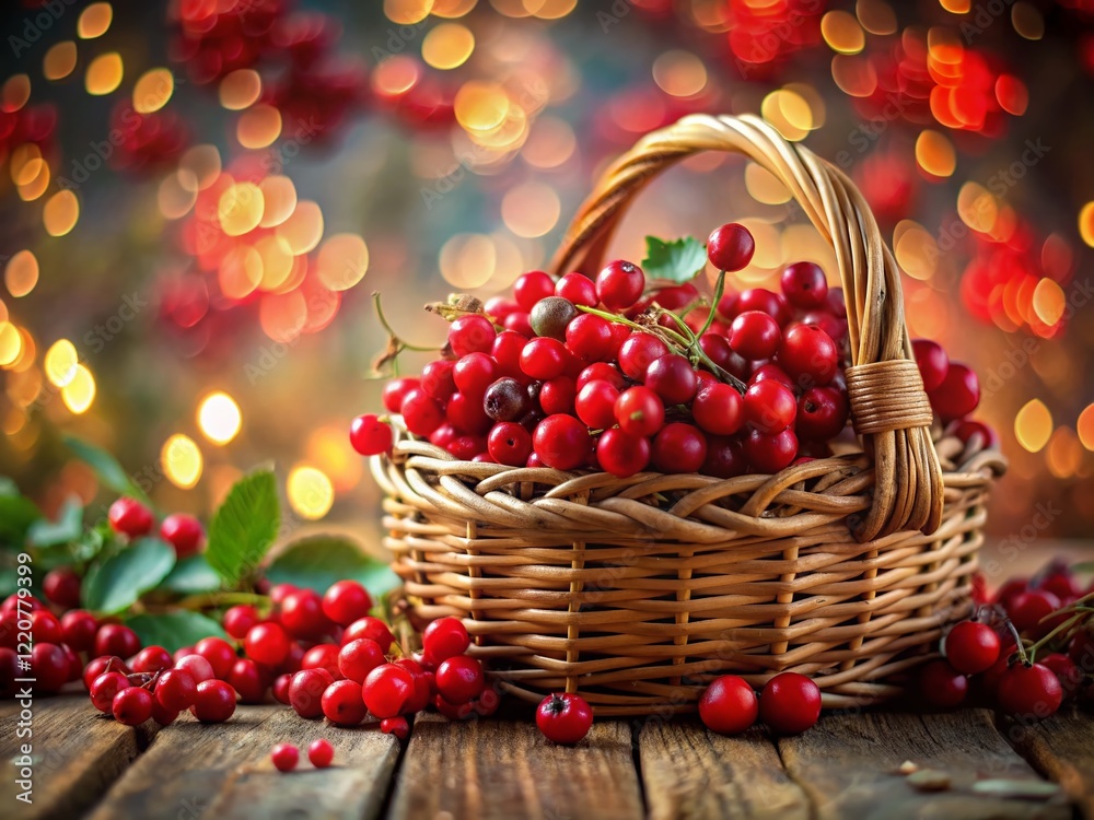 Juicy Red Berries in Rustic Basket on Wooden Table - Bokeh Background Juicy Red Berries in Rustic Basket on Wooden Table - Bokeh Background