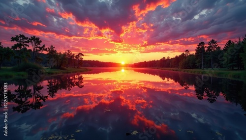 Tranquil Estonian swamp at sunset; fiery sky mirroring still water , atmosphere, peaceful, evening