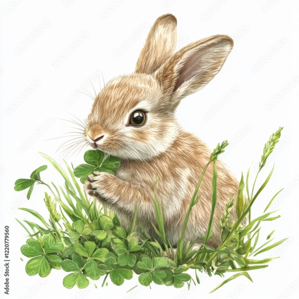 Fototapeta premium Adorable fluffy rabbit holding a four-leaf clover in lush green grass, symbolizing good luck and nature's beauty