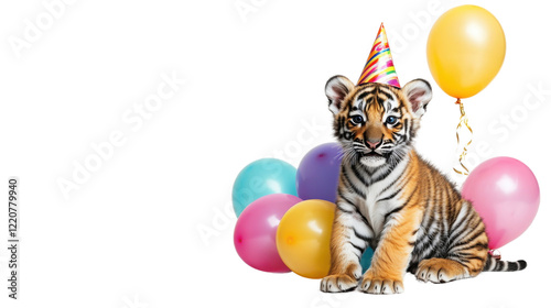Tiger cub wearing a party hat surrounded by colorful balloons in a playful setting