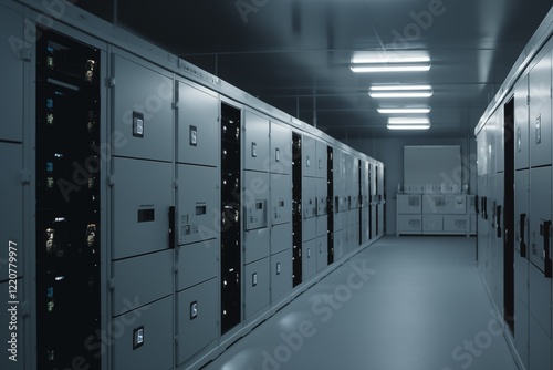 Modern industrial server room with rows of electrical cabinets under fluorescent lighting in a secure facility