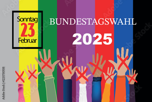 Germany Bundestagswahl. federal election 2025 in German language. People raising hands. Cross check marks and mandates, coalition colors Background. flat vector  photo