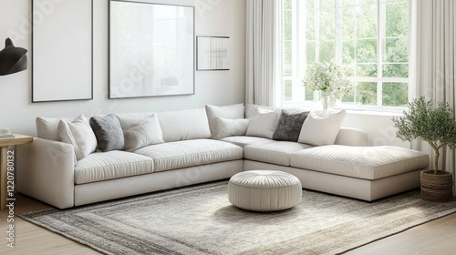 Minimalist living room with sectional sofa and area rug
