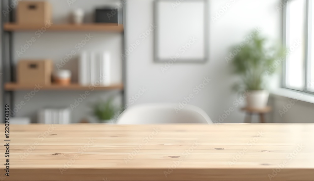 Wooden table top with minimalist office background and blurred interior setting Wooden table top with minimalist office background and blurred interior setting