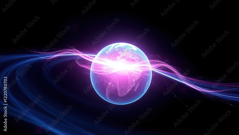 Fototapeta premium Glowing blue and pink digital earth orb, radiating a mesmerizing aura, surrounded by vibrant, swirling light trails that emanate from its core, with delicate, feathery tendrils stretching outward.