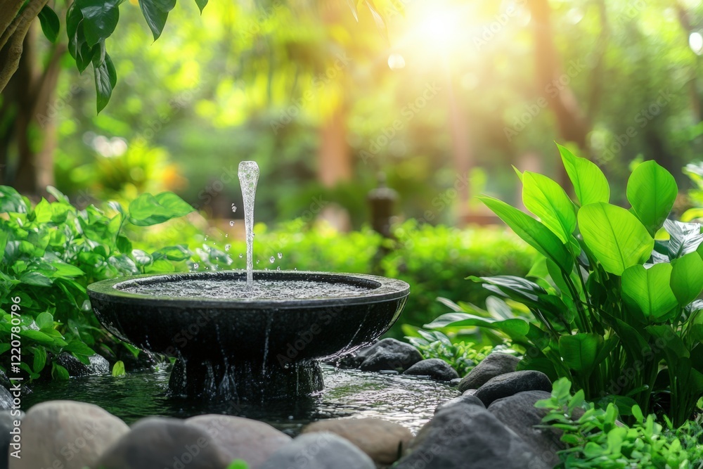 Tranquil garden fountain with sunlit greenery and stones Tranquil garden fountain with sunlit greenery and stones