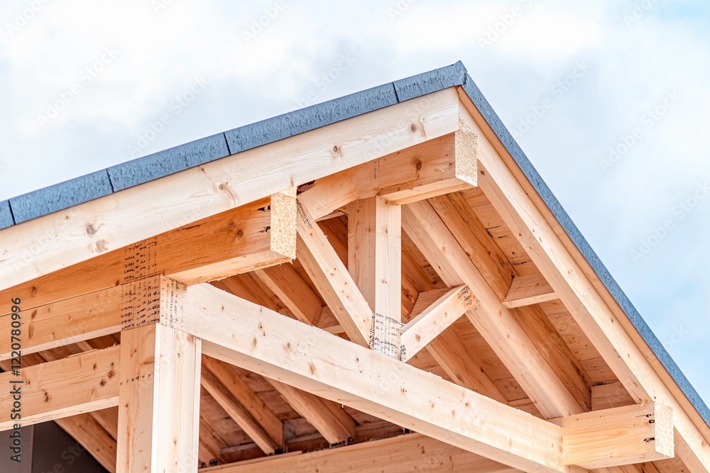 Obraz premium Construction of a modern wooden roof highlighted under a clear blue sky during daylight