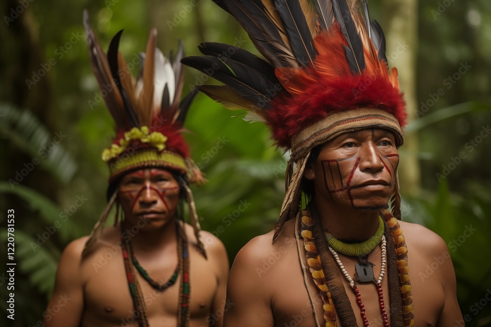 Indigenous people in traditional feathered headdresses amidst a lush green rainforest background Indigenous people in traditional feathered headdresses amidst a lush green rainforest background
