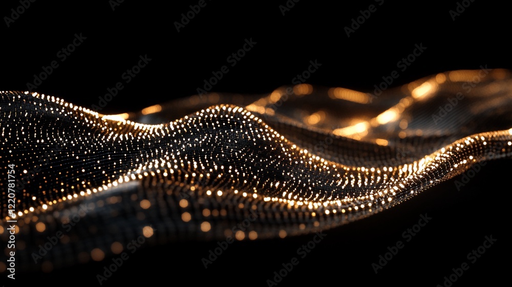 3D vector design of flowing wave of moving dots with gold color effect on a black background