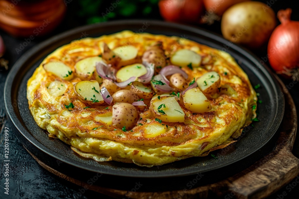 Savory Spanish tortilla with potatoes and onions on a rustic wooden surface Savory Spanish tortilla with potatoes and onions on a rustic wooden surface