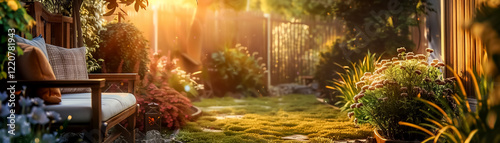 cozy garden corner bathed in sunset light, featuring lush greenery and vibrant flowers, perfect for relaxation