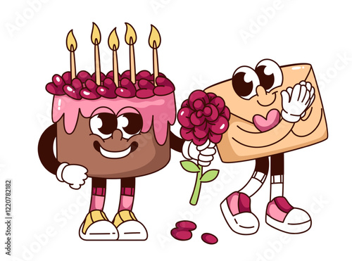 Groovy cake cartoon character giving flower invitation letter with heart. Funny retro happy cake with present of love. Valentines day mascot, cartoon sticker of 70s 80s style vector illustration