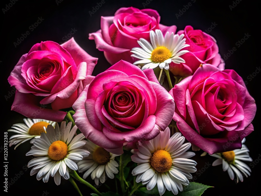 Fototapeta premium Large Pink Roses & White Daisies on Dark Background - Isolated Floral Stock Photo