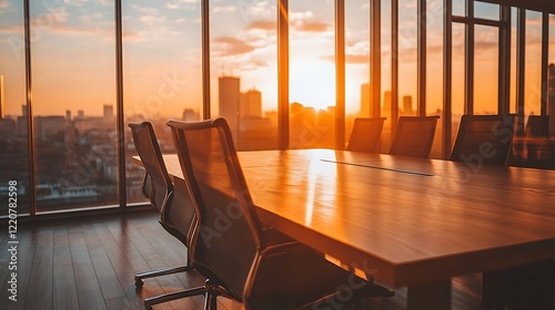 Meeting room with sunset over city skyline, empty space