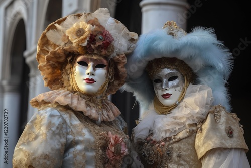 Venetian carnival attendees in intricate costumes and masks with delicate details and elegant designs