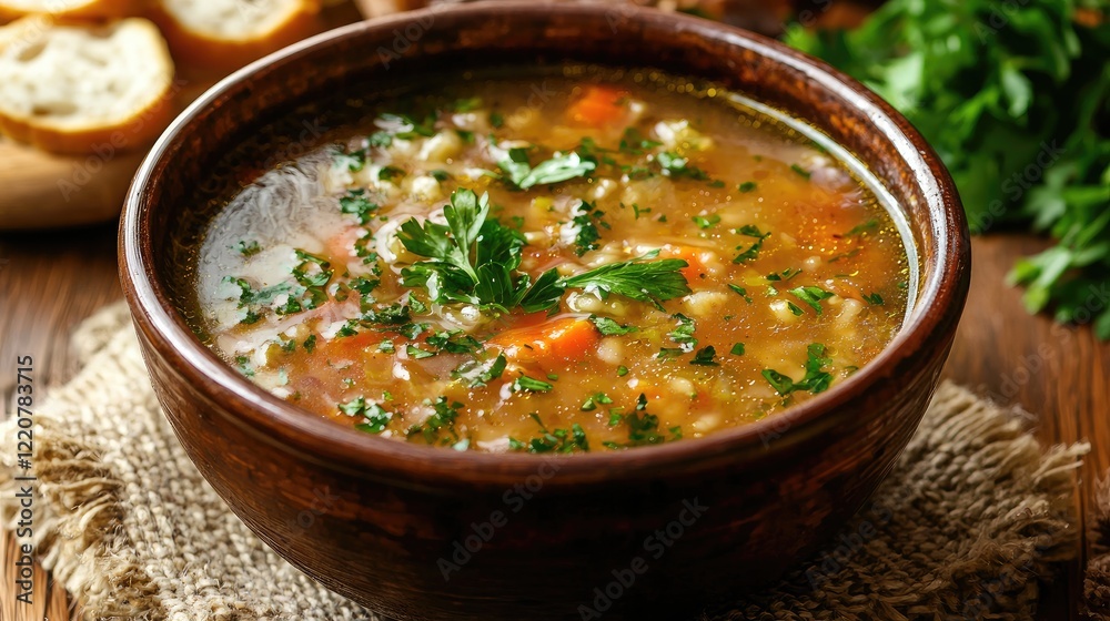 A close-up of a bowl of authentic local soup, garnished with fresh herbs. A close-up of a bowl of authentic local soup, garnished with fresh herbs.