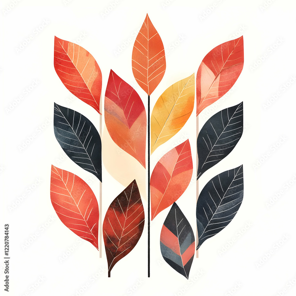 Obraz premium A colorful arrangement of stylized leaves in various shapes and shades.