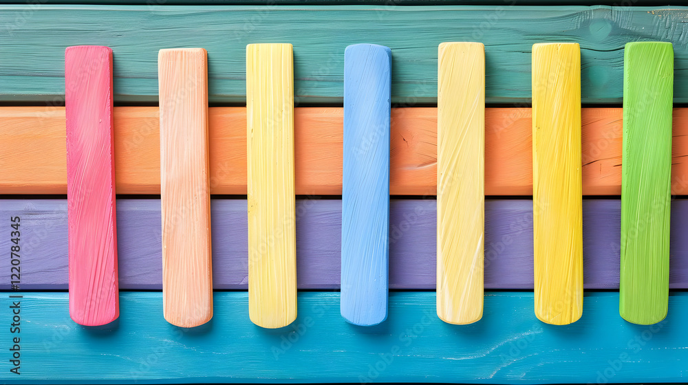 A colorful arrangement of wooden bars resembling a xylophone for musical play. A colorful arrangement of wooden bars resembling a xylophone for musical play.